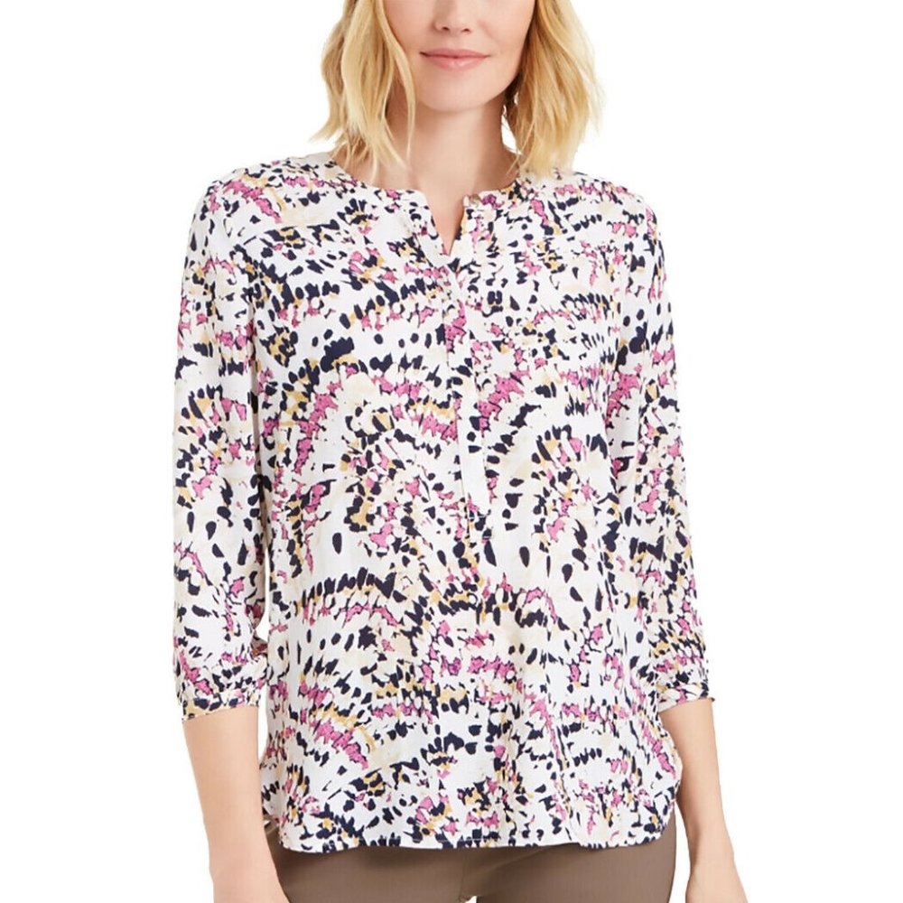 JM Collection Women's Printed Pleat-Back Top Pink Dahlia. NWT